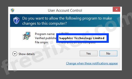 Screenshot where Sapphire Technology Limited appears as the verified publisher in the UAC dialog
